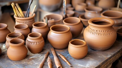 A rustic pottery studio with half-finished clay pots and tools neatly organized