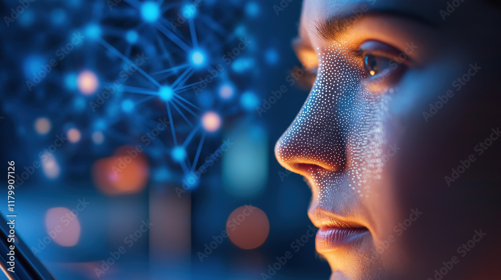 Wall mural a close-up of a person's face with a digital network overlay, symbolizing technology and artificial 
