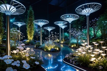 A garden with many trees and flowers, including white flowers