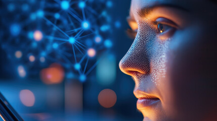 A close-up of a person's face with a digital network overlay, symbolizing technology and artificial intelligence integration.