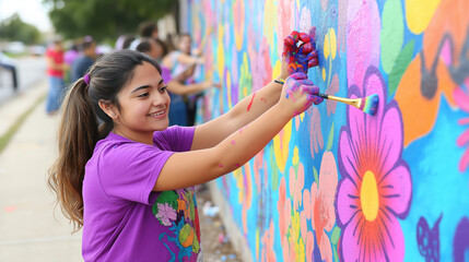 A girl joyfully paints a colorful mural with flowers, showcasing creativity and community spirit in an outdoor setting.