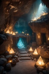 A cave with a path leading to a lighted area