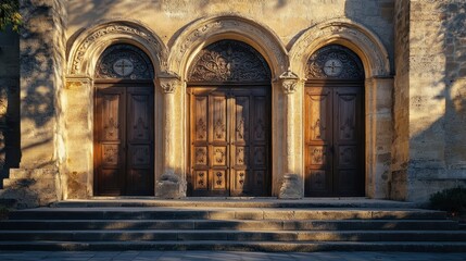 Fototapeta premium A Romanesque church façade with wooden doors intricate stone carvings and the setting sun casting shadows across the steps