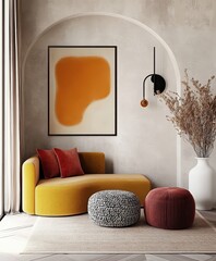 Modern interior design, minimalist living room, yellow curved sofa, burgundy cushion, round ottoman, abstract wall art, terracotta and cream tones, textured white wall, circular lamp, dried pampas gra