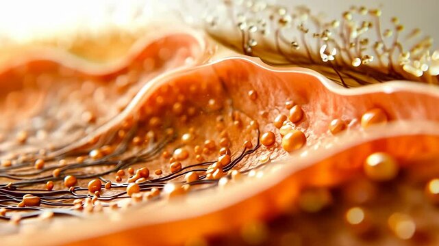 "Intricate close-up shows the complex layers and textures of a biological surface, highlighting details often unseen by the naked eye. This visual explores themes of biology and medicine."