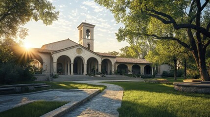 Naklejka premium A Romanesque church with a grand entrance rounded arches a bell tower and warm light casting long shadows on the steps