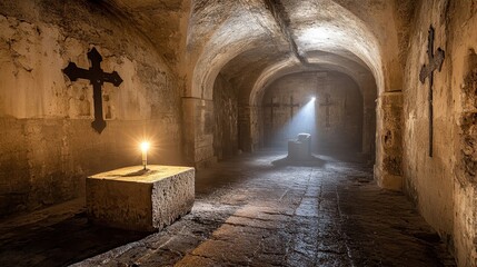 A subterranean crypt with vaulted ceilings and faint Christian carvings lit by a single candle on a stone altar