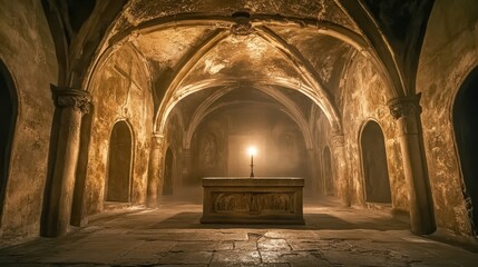 A crypt with vaulted ceilings a single candle lighting the altar surrounded by faint Christian carvings on the walls
