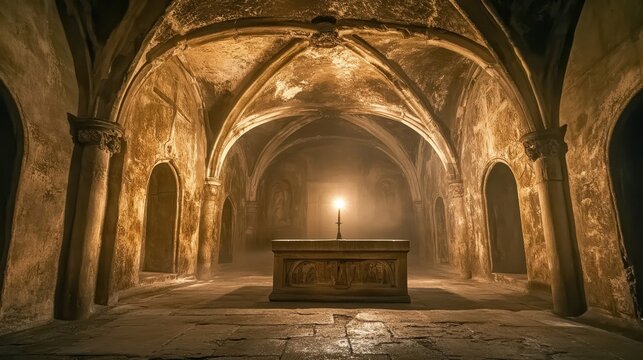 A crypt with vaulted ceilings a single candle lighting the altar surrounded by faint Christian carvings on the walls