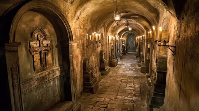 A narrow crypt with rows of stone tombs covered in Christian engravings flickering candlelight casting long shadows across the floor