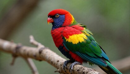 Fototapeta premium Vibrant parrot perched on branch in lush greenery 