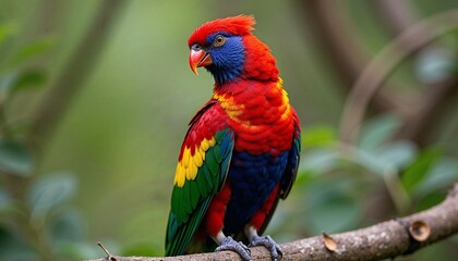 Colorful parrot sitting on branch in tropical forest