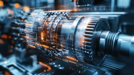 Complex industrial gear rotating smoothly within advanced machinery, illuminated by digital data streams and highlighting the integration of technology in modern manufacturing processes