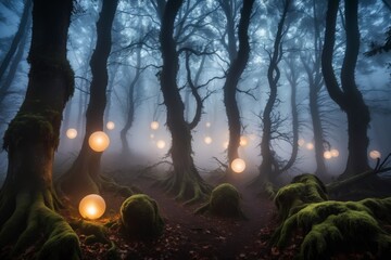 A forest with glowing lights on the trees