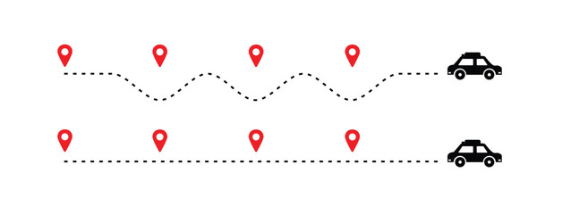 travel timeline dots, car route dotted line with red map pins, transportation route chart