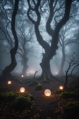 A forest scene with a group of glowing orbs and a few lanterns