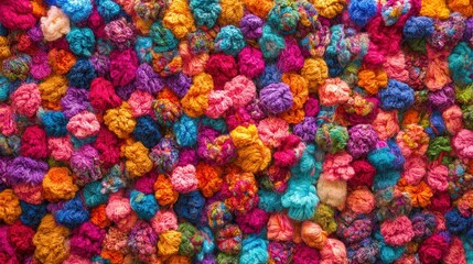 Colorful and Textured Background of Yarn Pom Poms in Various Shades of Purple, Pink, Blue, Orange, and Green, Ideal for Craft Projects or Textile Designs