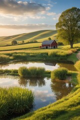 A small red barn sits on a hillside next to a pond