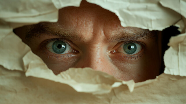  intense blue eyes peering through torn paper for mystery and storytelling-themed visuals