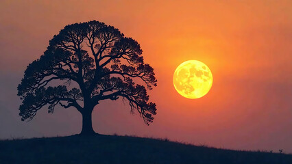 Fototapeta premium Silhouetted oak tree at sunset with full moon against golden sky in winter new image
