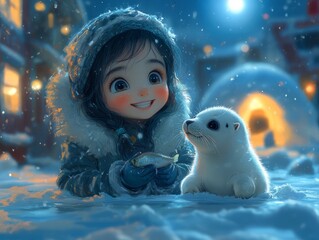 Obraz premium small cute Eskimo girl, she feeds a small baby seal with a fish