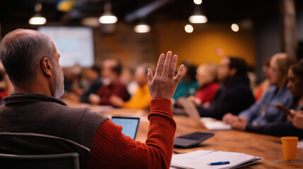 A diverse group participates in a meeting, with one individual raising their hand to contribute, surrounded by engaged attendees in a collaborative space.
