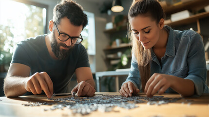 A couple enjoys working together on a jigsaw puzzle, immersed in concentration and collaboration in a cozy, well-lit environment.