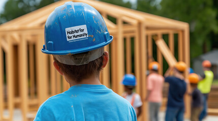 A child in a blue hard hat observes a construction project, symbolizing community service and teamwork through Habitat for Humanity.