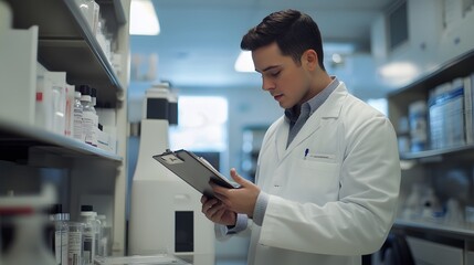 Fototapeta premium Young male researcher in a laboratory wearing a white coat, taking notes on a clipboard while examining chemical samples and equipment for analysis and research purposes.