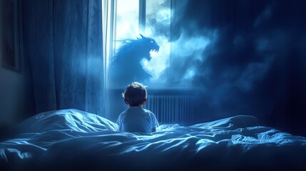 Child sitting on bed gazes out window at shadowy monster in a dimly lit room at night. Little child is afraid of a monster at night