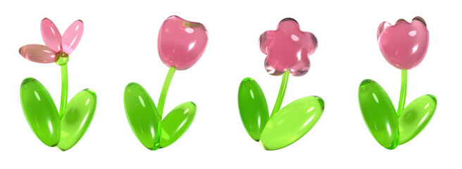 Set of 3D plastic or colored glass flowers.  Isolated on white or transparent background collection of icons. International Women's Day elements design.
