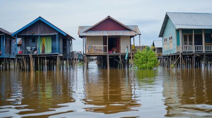 Fototapeta premium A village with homes on stilts surrounded by floodwaters, showcasing the vulnerability of coastal communities to rising sea levels