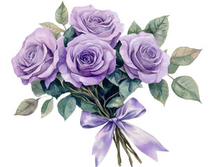 Elegant bouquet of purple roses with lush green leaves and a delicate ribbon.