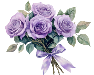 Elegant bouquet of purple roses with lush green leaves and a delicate ribbon.