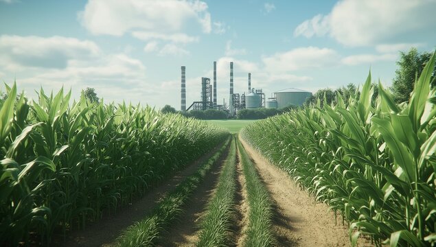 
A large cornfield with rows of tall green crops, leading to an industrial plant in the background.