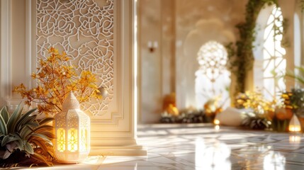 A serene indoor space featuring intricate design, warm lighting, and decorative plants.
