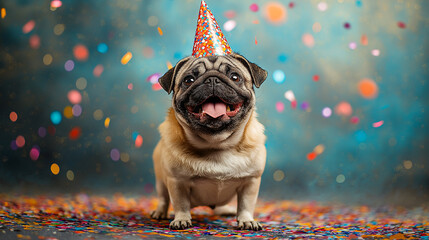  Adorable pug in a party hat surrounded by colorful confetti on a festive background, perfect for pet celebrations, greeting cards, or fun event promotions