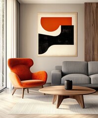 Modern minimalist living room, abstract geometric artwork, orange accent chair, gray sofa, wooden coffee table, neutral tones, clean lines, sleek design, uncluttered space, contemporary interior, brig