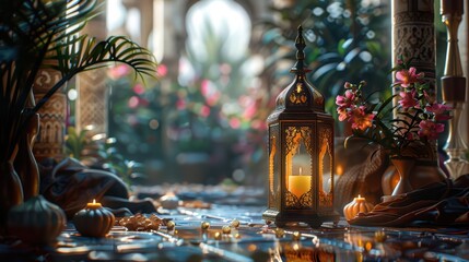 A serene indoor scene featuring a lantern, flowers, and warm lighting.