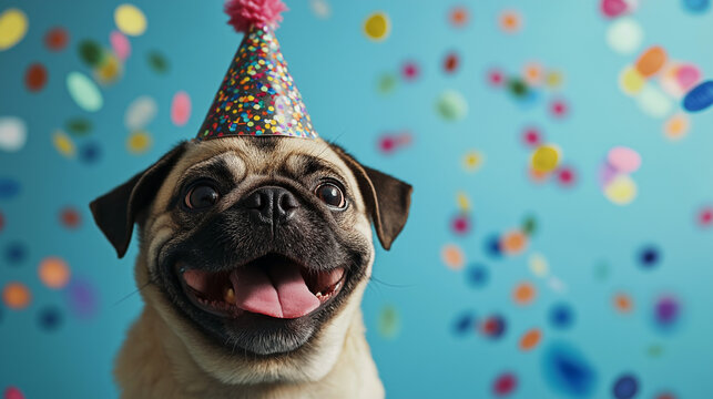 Happy pug wearing a colorful party hat with confetti on a blue background, perfect for pet-themed celebrations or birthday card designs. Copy space