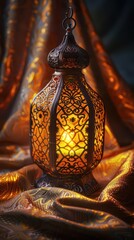 A beautifully designed lantern casting warm light against rich, textured fabric.