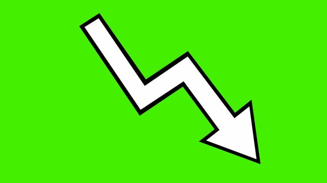 video animation drawing black and white icon arrow down trend concept, on a green chroma key background