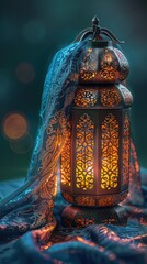 A beautifully illuminated lantern draped with fabric, casting warm light in a serene setting.