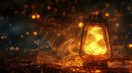 A glowing lantern surrounded by swirling smoke and shimmering particles, creating a warm ambiance.