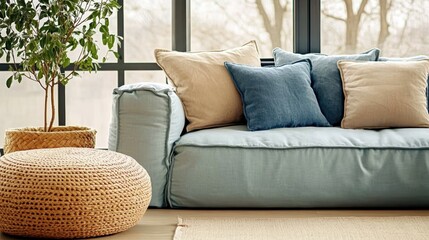 Cozy living room, large windows, natural light, potted tree, comfortable blue sofa, woven basket, throw pillows, minimalist interior, Scandinavian design, soft textures, tranquil atmosphere, muted col