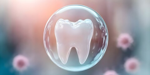 A stylized representation of a tooth inside a bubble, with a blurred background that suggests a scientific or medical theme. Concept Tooth Illustration, Bubble Concept, Scientific Aesthetic