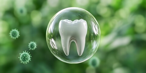 A stylized tooth inside a bubble, surrounded by floating virus-like spheres, against a green blurred background. Concept Stylized Tooth Design, Dental Health Concept, Virus Representation