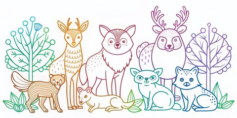 Naklejka premium Minimalist Forest Animals Coloring Pages: Simple Line Art Designs for Kids