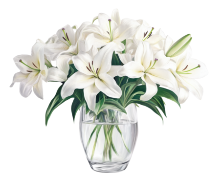 Elegant bouquet of white lilies in a clear glass vase, white isolate background.