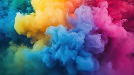 Fototapeta premium Colorful Smoke Explosion in Blue, Yellow, Pink, and Purple Hues Creating an Artistic Atmosphere for Background or Creative Projects